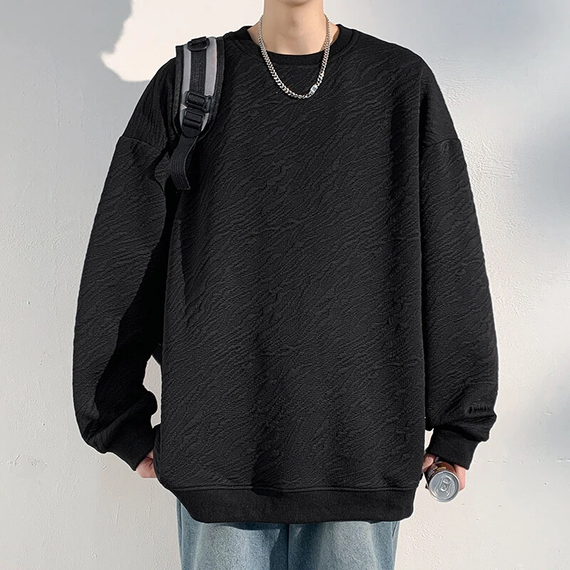 引创2025新款春季美式提花纹理感休闲圆领卫衣长袖潮流宽松上衣男