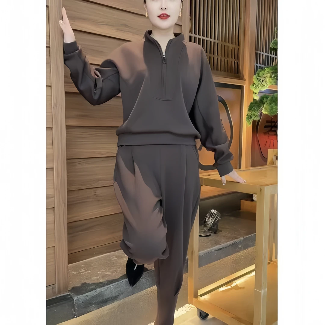 秋季新款时尚气质休闲宽松显瘦大码立领长袖卫衣哈伦裤两件套装女