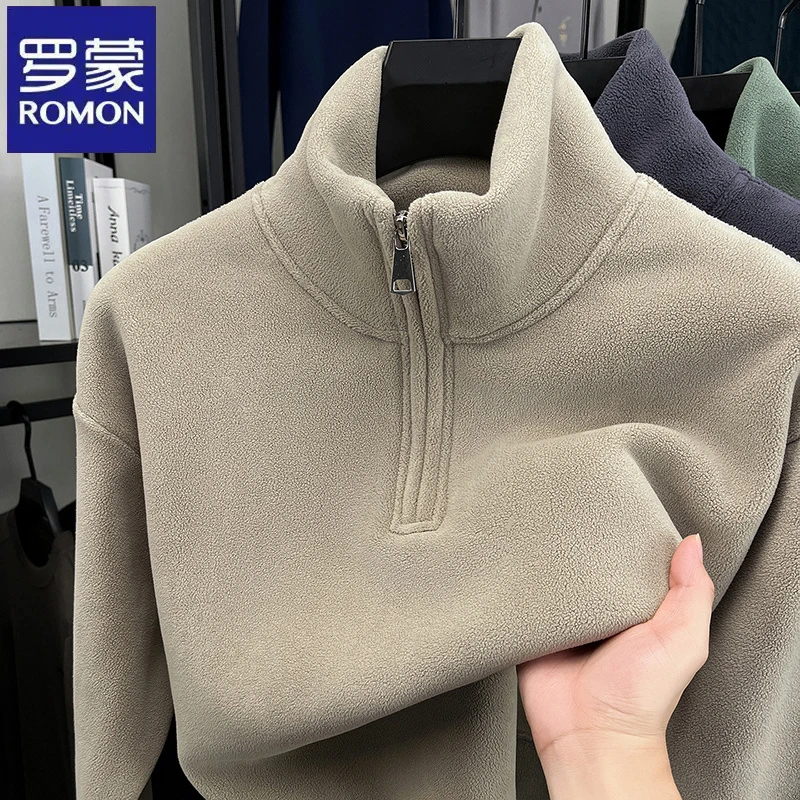 罗蒙纯色摇粒绒半拉链立领卫衣秋冬季户外休闲中青年休闲抓绒衣男