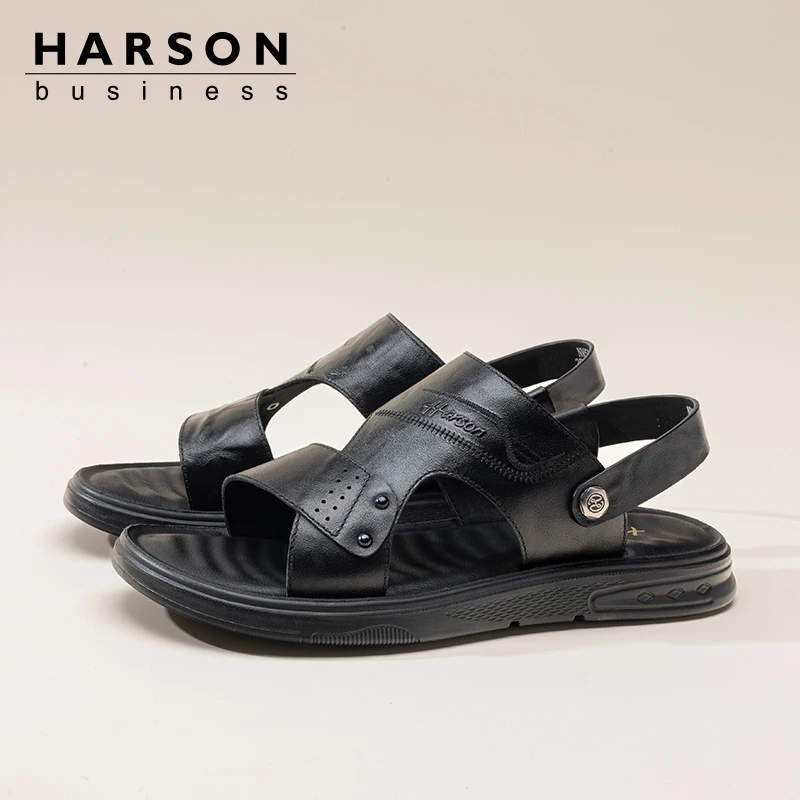 Harson哈森男士夏季真皮头层小牛皮户外轻便舒适两穿凉鞋沙滩鞋男