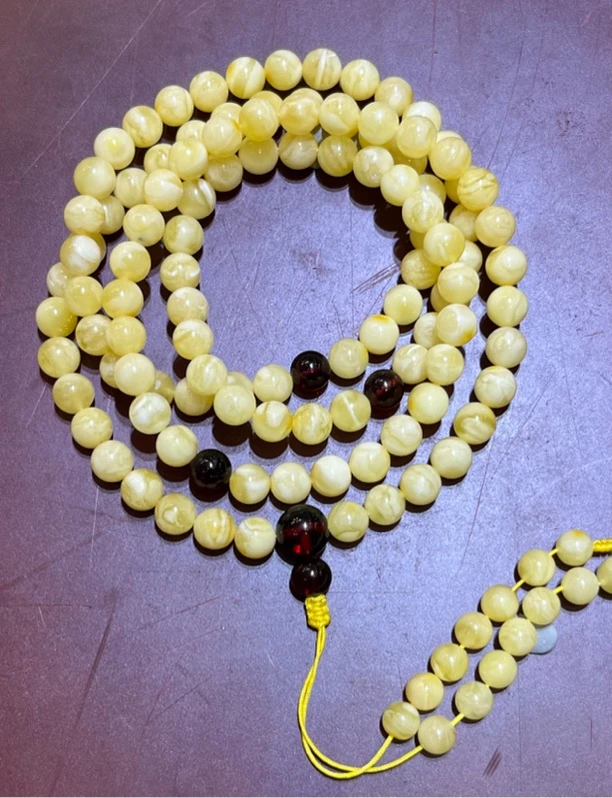 琥珀白花蜜蜡圆珠108链，6m+，19.3g，天然原矿保真