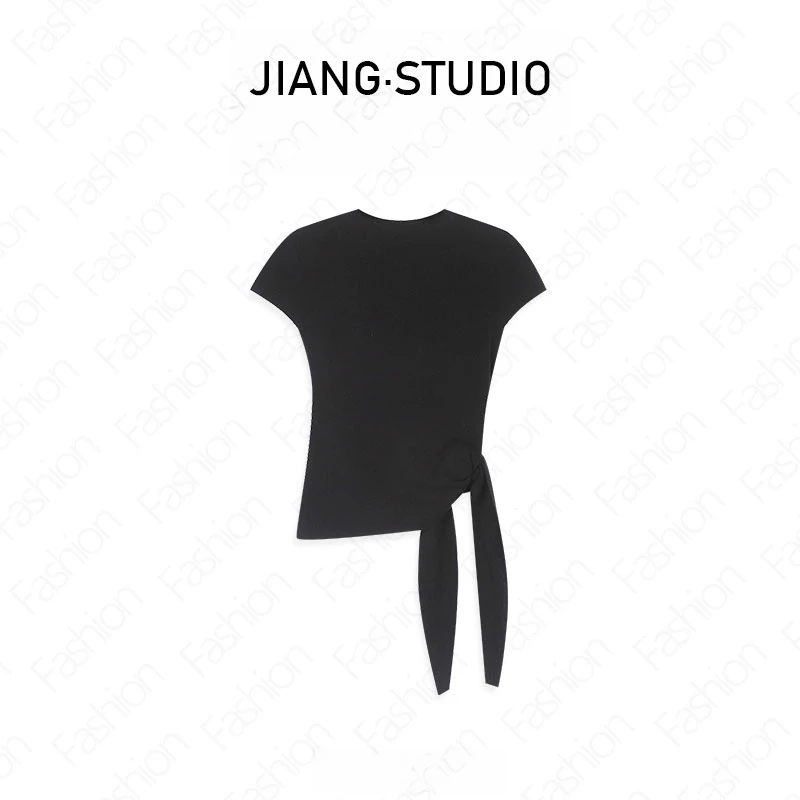 2025夏季新款纯色圆领洋气百搭系带款短袖时尚简约t恤上衣