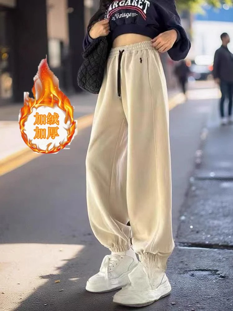 2024秋冬新款刺绣抽绳卫裤加绒加厚香蕉裤弯刀裤束脚裤休闲女长裤