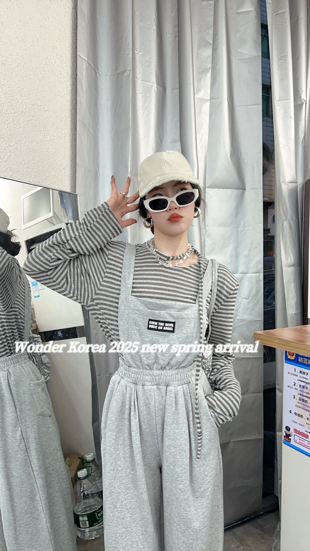 背带裤薄款高腰阔腿裤背带连体裤百搭长裤常规厚款灰色条纹宽松