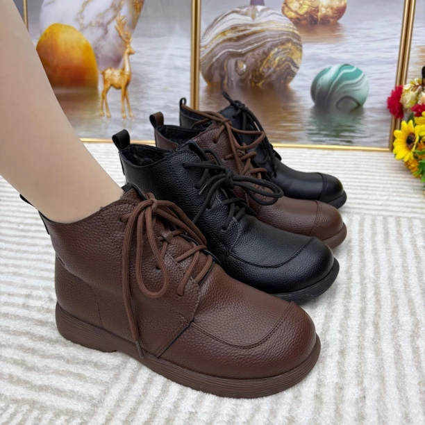 【冬季加绒妈妈短靴系带保暖软底中老年女靴秋冬棉靴舒适】