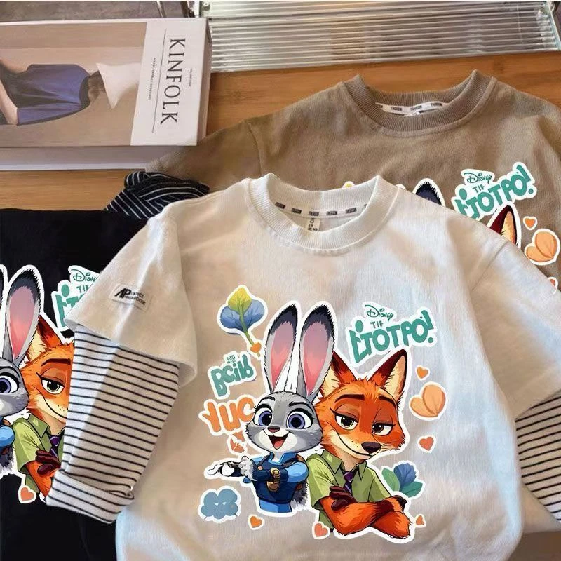 长袖T恤纯棉春秋卡通2025两件新款儿童宝宝拼接条纹上衣打底外穿t
