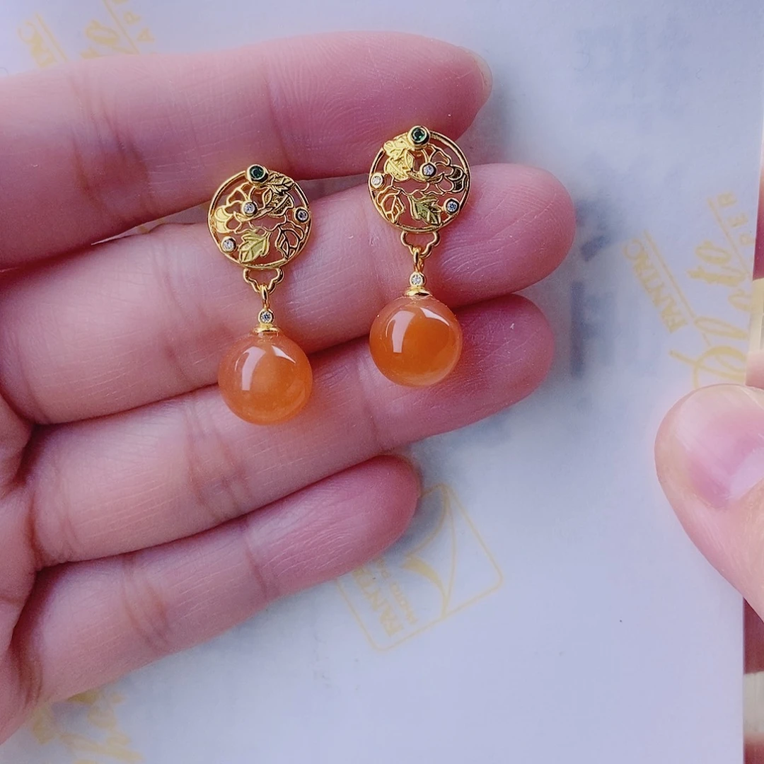 南红玛瑙耳饰银S925镀金镶嵌