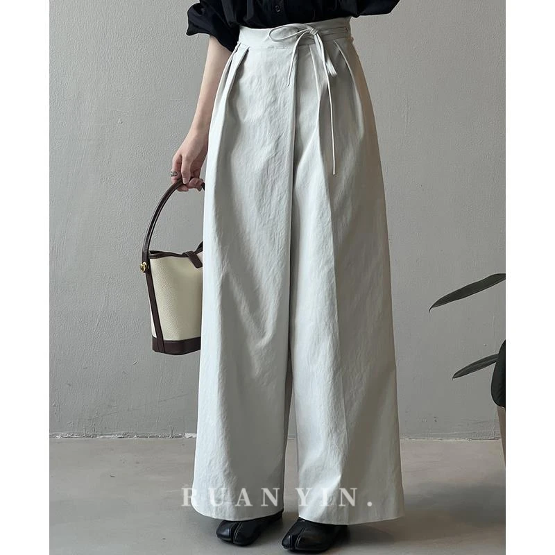 阮音系带阔腿裤女春秋薄款慵懒风高腰直筒裤宽松休闲斜门襟长裤子