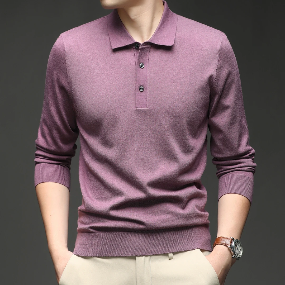 【山羊绒+桑蚕丝】高端羊绒长袖T恤男士秋季翻领桑蚕丝POLO衫556