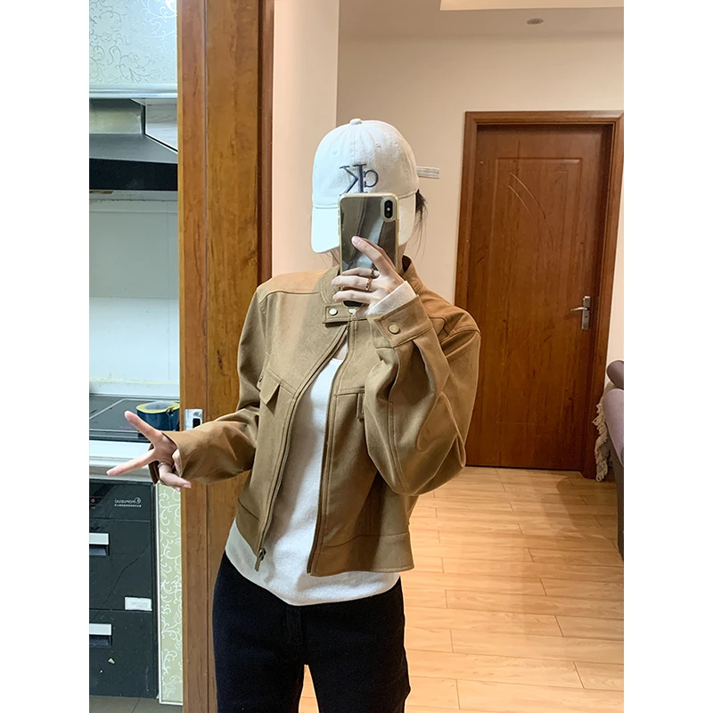 美德拉咖色麂皮绒外套女秋季2025时尚休闲甜酷炸街修身短夹克上衣