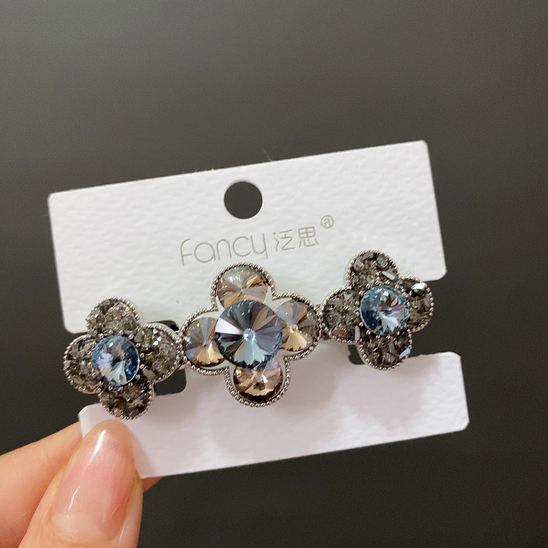 092蓝色简约气质四叶6公分弹夹半披发钻发夹韩版重工时尚