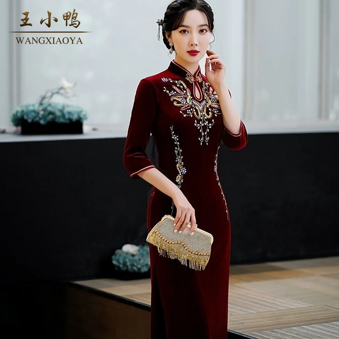 王小鸭金丝绒旗袍裙女2026春季新款高级感贵夫人婚宴礼服裙轻奢