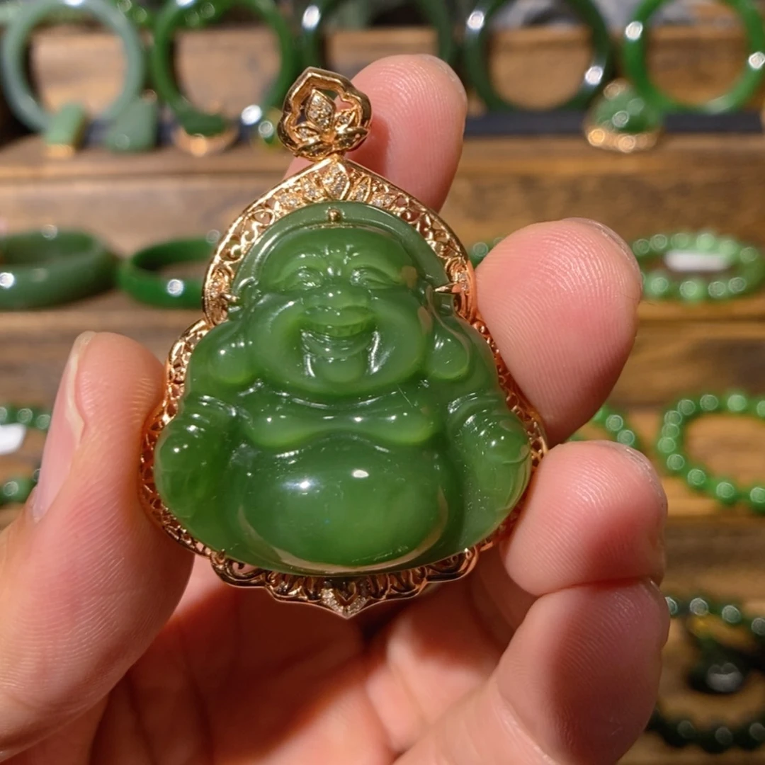 【闪购商品】吊坠(不含链)18K金镶嵌和田玉俄料阳绿佛公 37/16