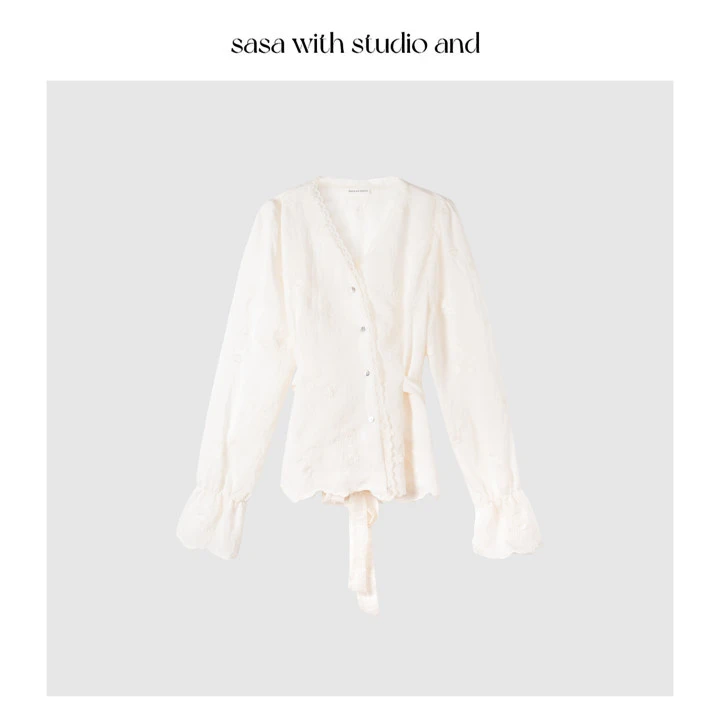 法式蕾丝拼接设计小衫V领绑带显瘦衬衫 2926