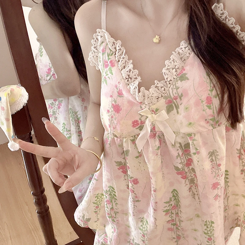 吊带绿野仙踪甜美三件套睡衣女款夏季2025新款带胸垫短袖家居服薄