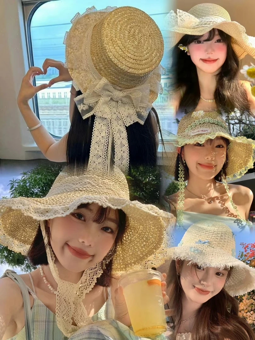韩系花朵蕾丝网红草帽女夏季时尚新百搭大帽檐防紫外线遮阳帽合集