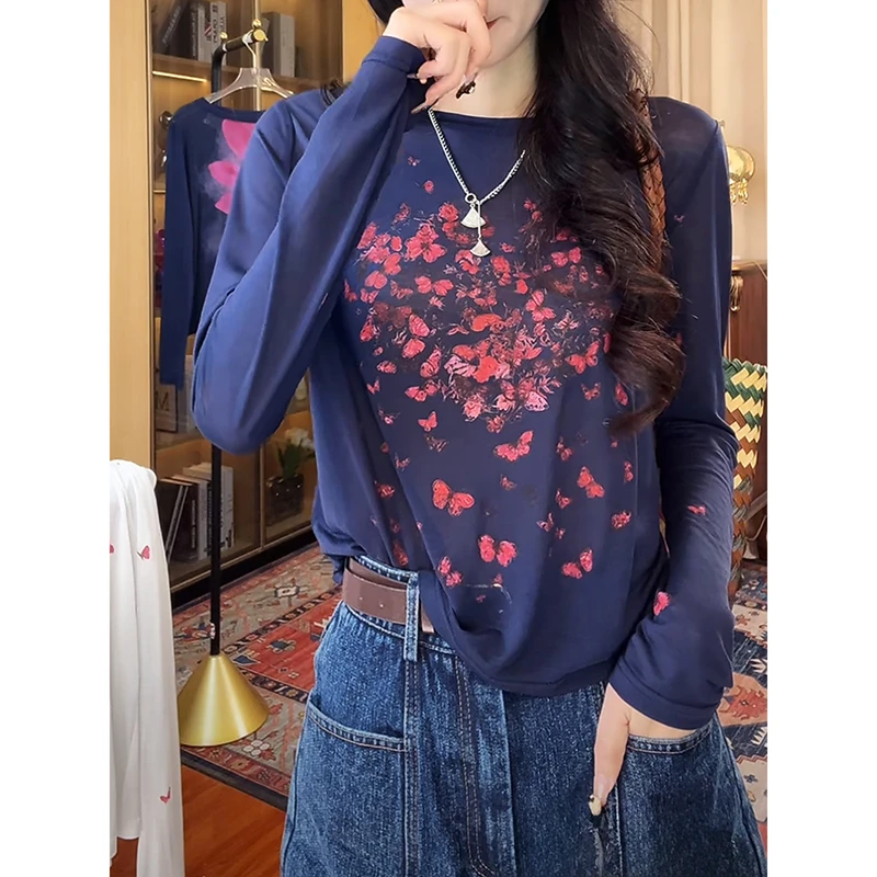 小众设计感复古印花长袖T恤女夏季2025新款小个子微透防晒ins上衣