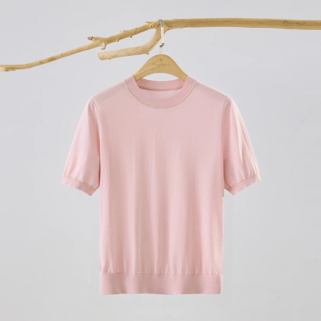 春竹春夏新款莱赛尔混纺圆领合体女士短袖针织衫