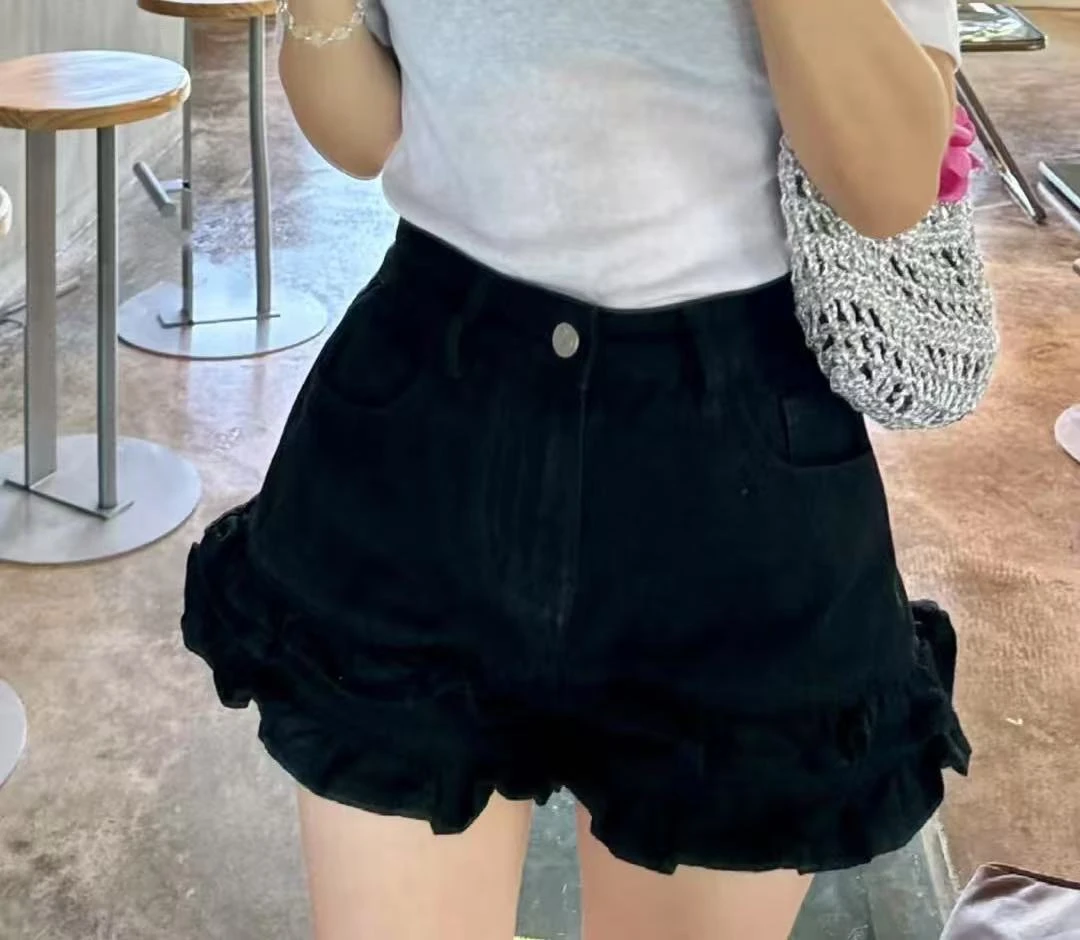 夏季薄牛仔弹力花边短裤