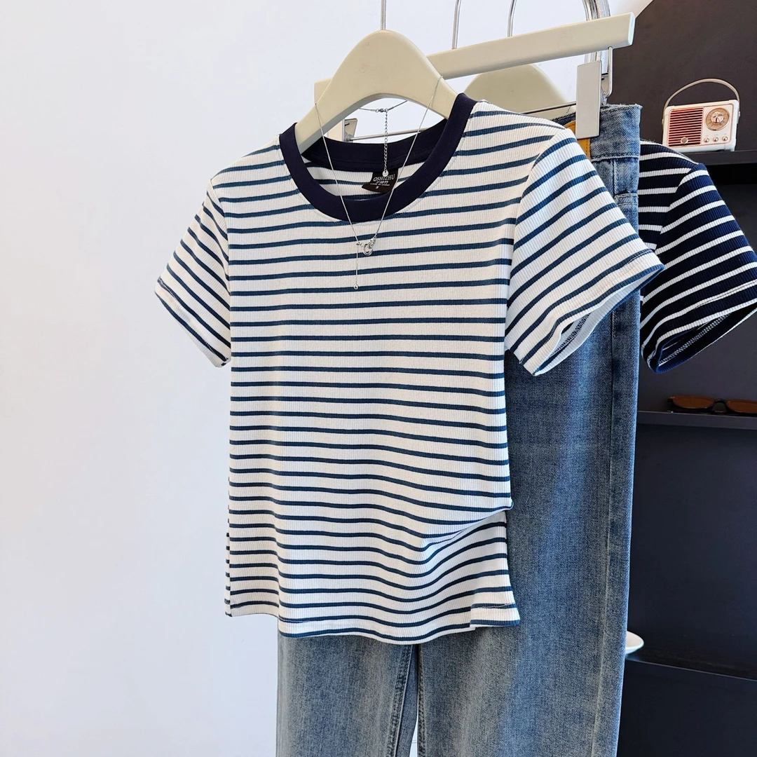 9153#白蓝条纹短袖t恤女夏季2025新款设计感小众正肩显瘦上衣ins