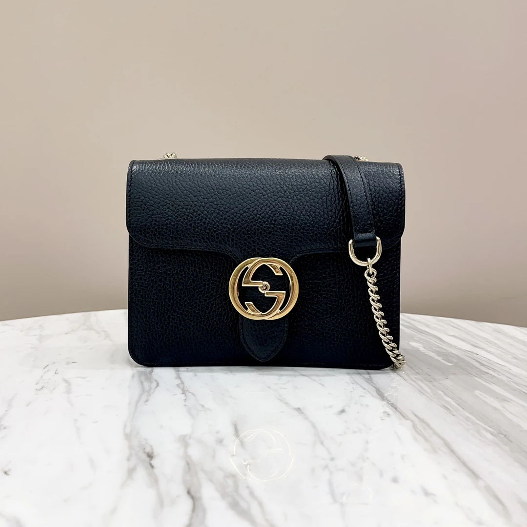 99新 GUCCI/古驰 黑金双G风琴包小号 约20*15