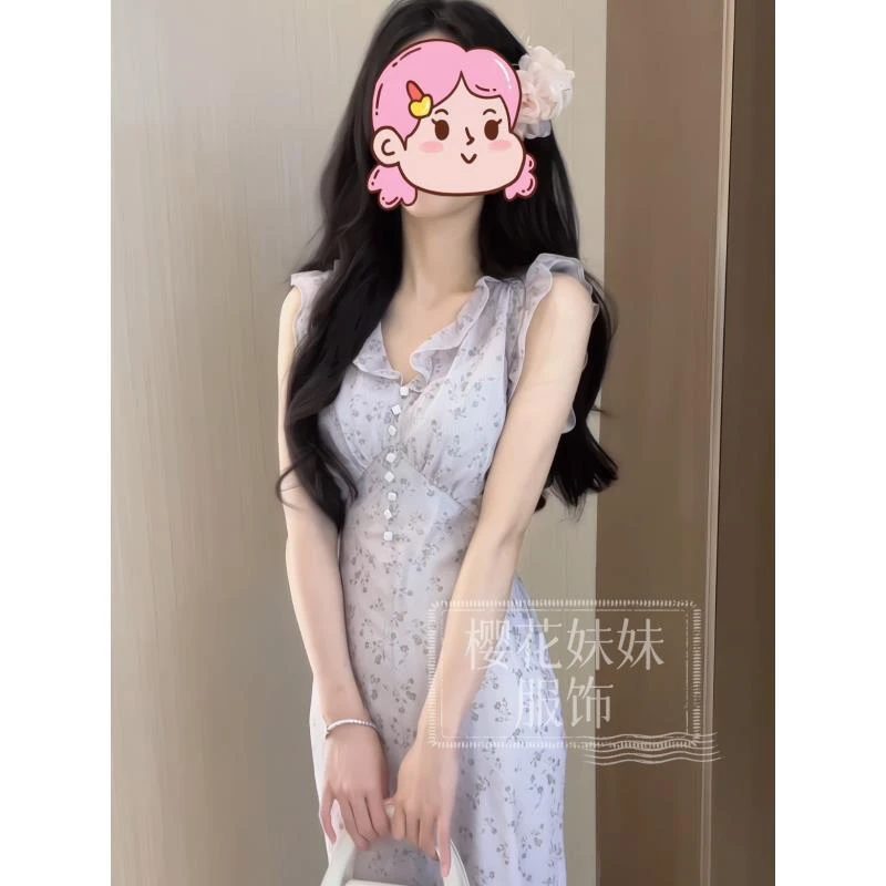 樱花妹妹 温柔的夏日 金银丝V领花边印花收腰连衣裙