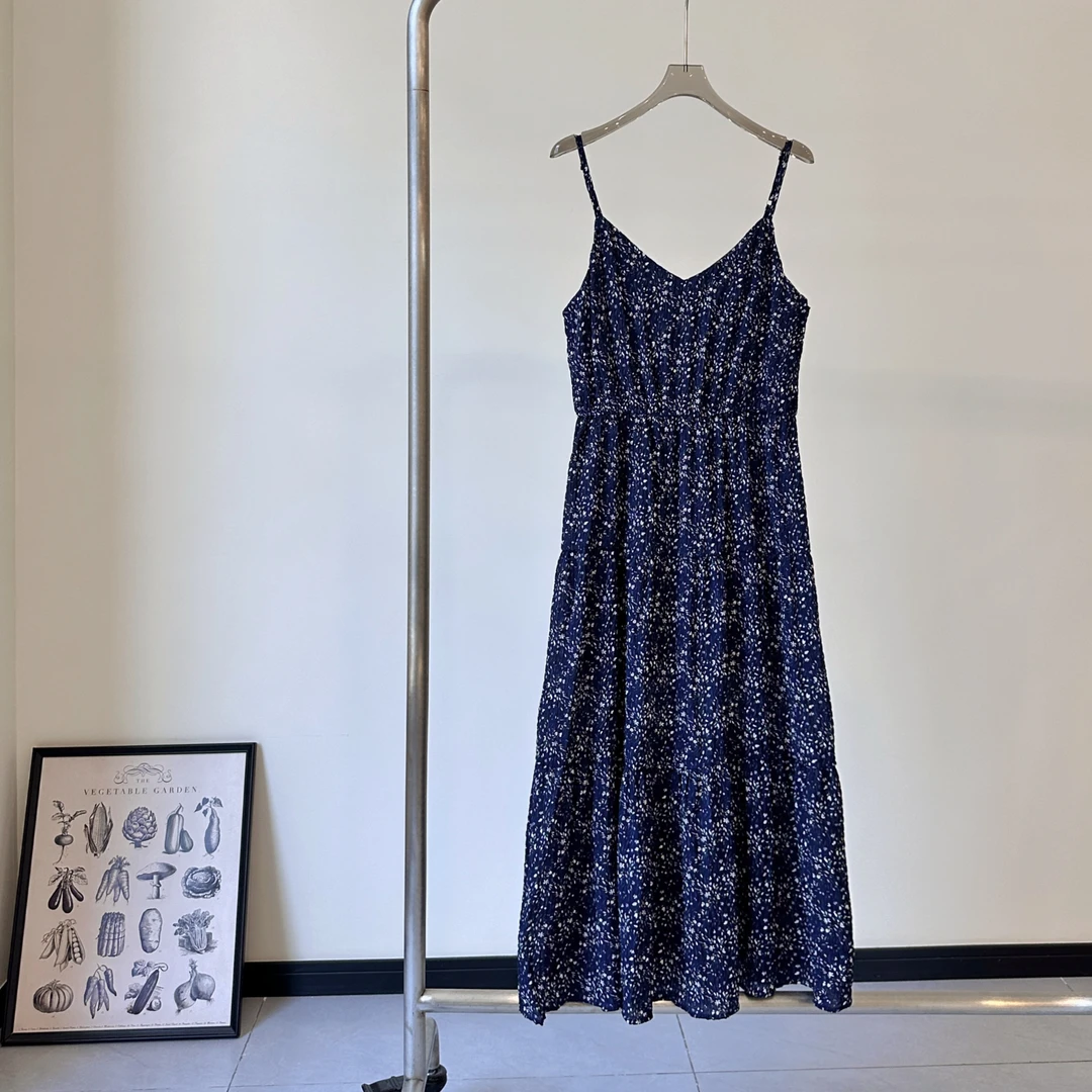 韩系时尚百搭气质显瘦碎花长款无袖吊带连衣裙-J25220302