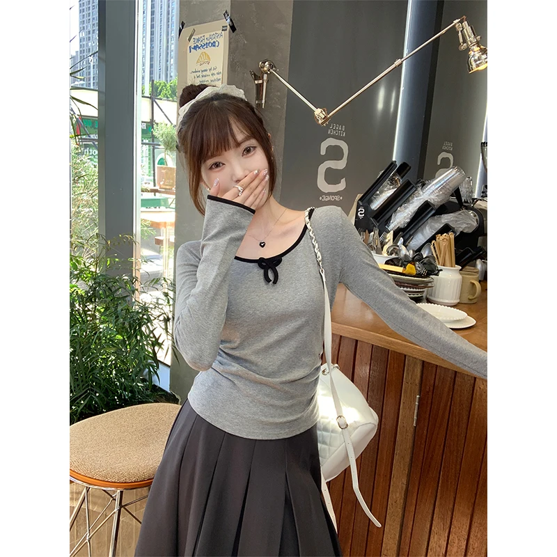 灰色韩版蝴蝶结打底衫女2025新款早秋设计感褶皱长袖T恤内搭上衣