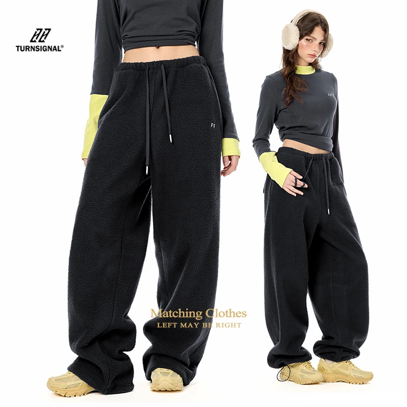 TurnSignal潮牌颗粒绒阔腿休闲裤女冬季2024新款宽松直筒保暖裤