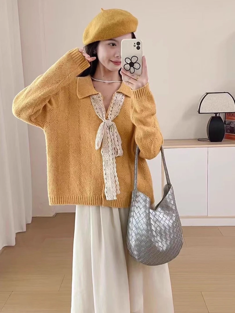 蕾丝蝴蝶结秋冬蕾丝毛衣女2025外穿秋季慵懒风宽松显瘦针织衫上衣