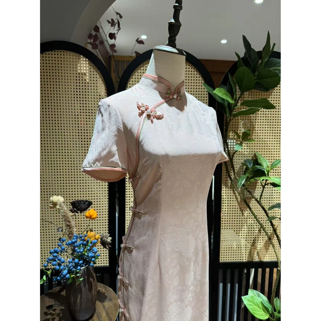 戚薇原创【粉蝶翩翩】长120左右新款国风品质人丝提花双层旗袍