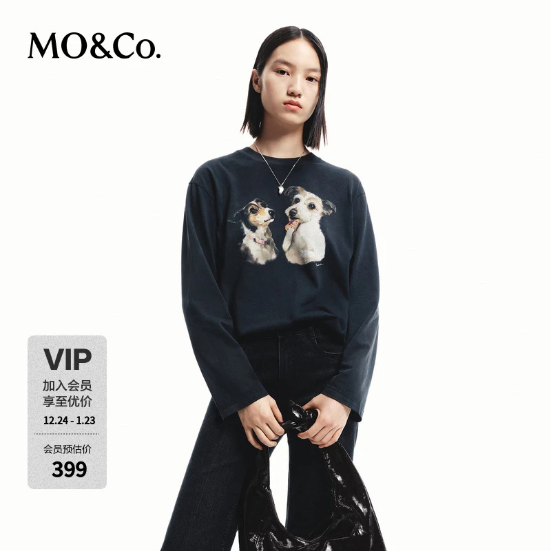 MOCO复古小狗印花宽松圆领长袖棉T恤MBD3TEEK02