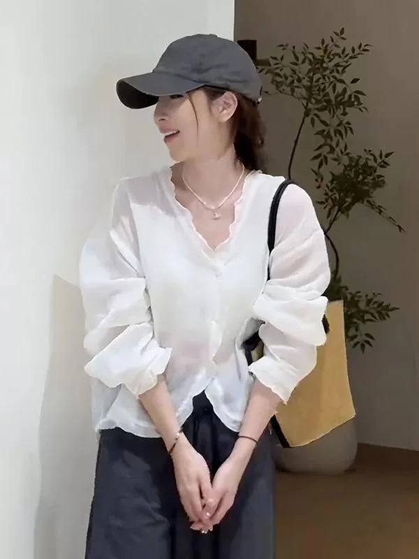 木耳边V领苎麻防晒开衫衬衫8464