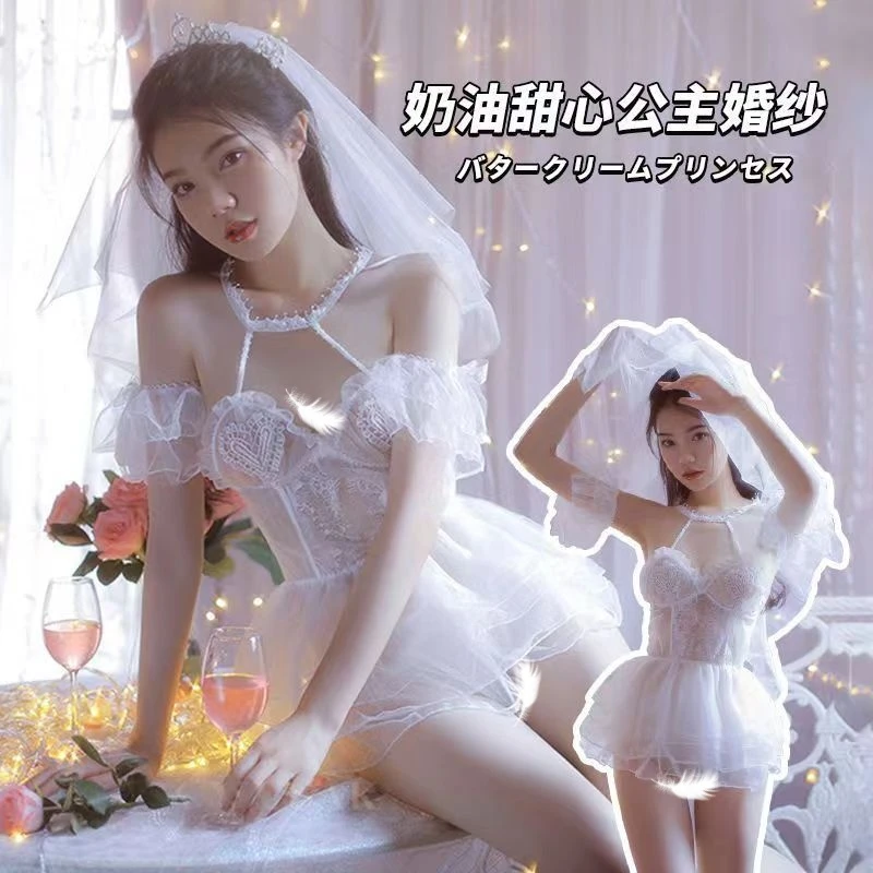 性感白色婚纱唯美新娘装套装情侣趣味cos服情侣战袍纯欲新娘装
