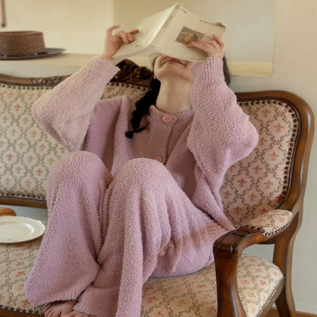 秋冬季加厚半边绒粉色圆领可外穿女式睡衣