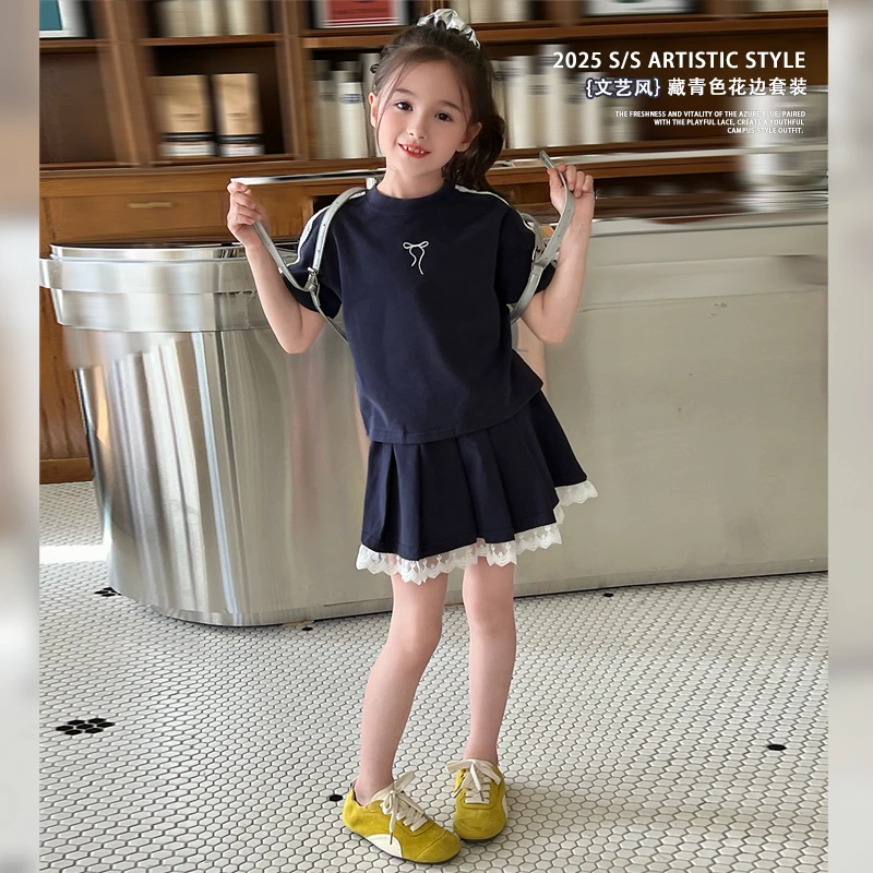mini旦童装女童学院风套装夏季新款儿童洋气淑女范花边短裙两件套