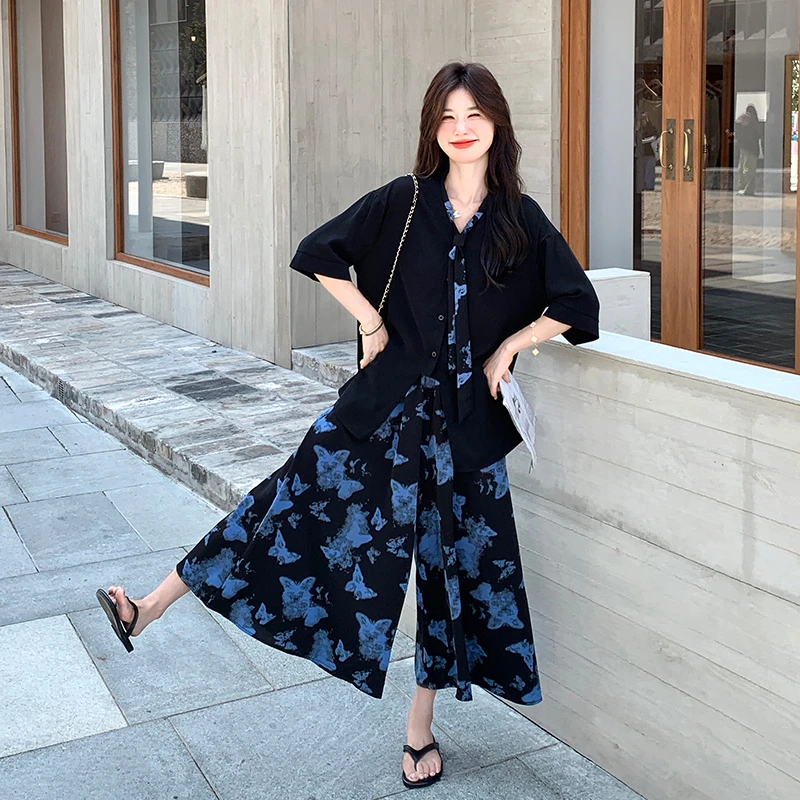 2025夏季遮肉显瘦气质时尚减龄设计感衬衫蝴蝶印花阔腿裤两件套