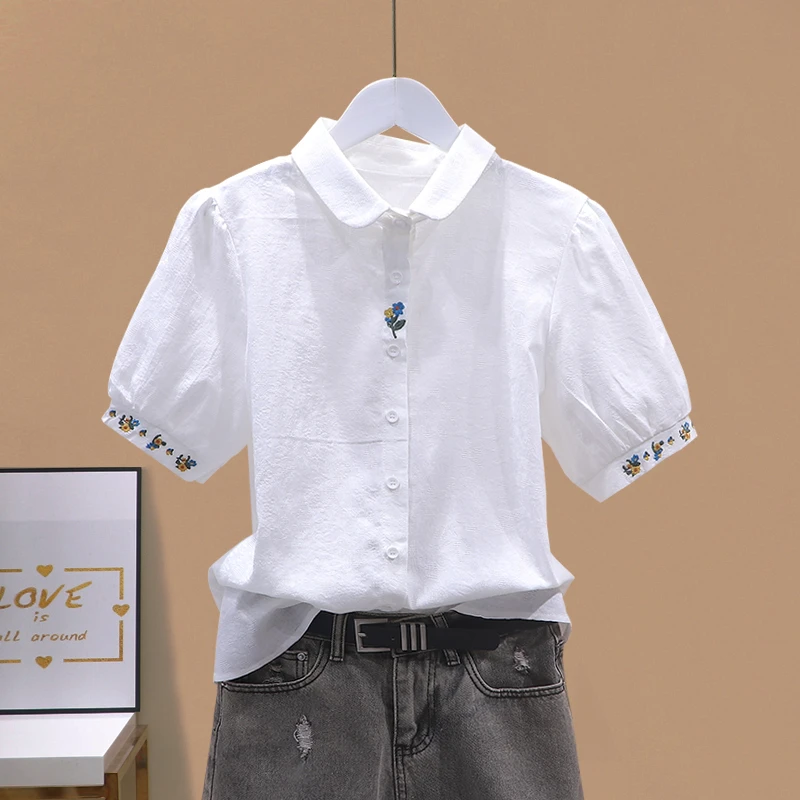 2025夏季新款法式刺绣全棉高级感女士衬衫气质爆款短袖上衣衬衣