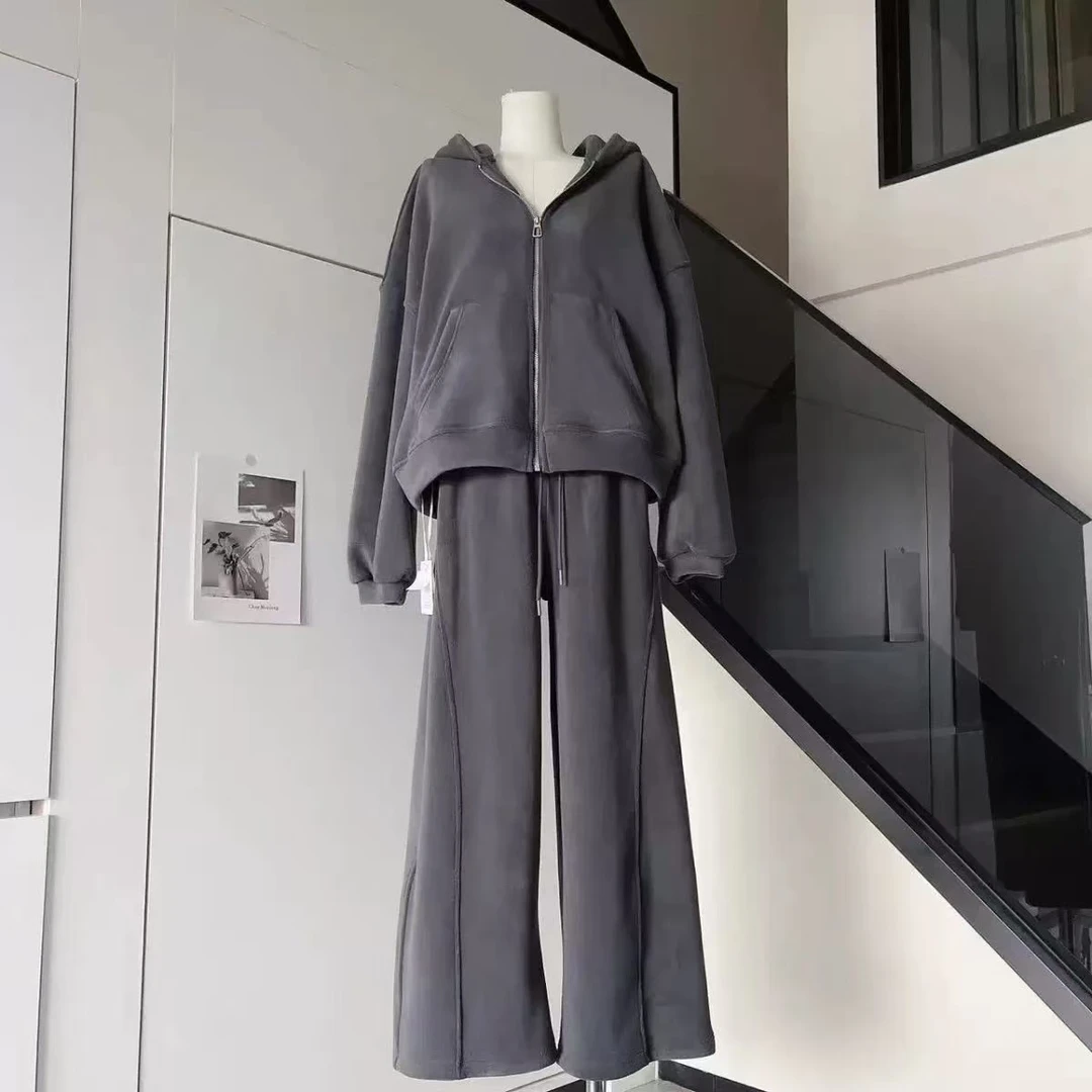 美式慵懒风灰色保暖套装加厚双面奥粒绒连帽宽松休闲卫衣A098