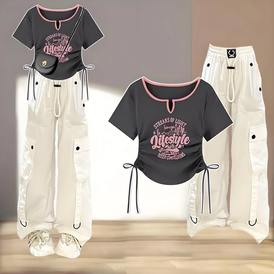 字母酷帅薄款高腰时尚小众短袖休闲风工装裤韩版显瘦女童夏装