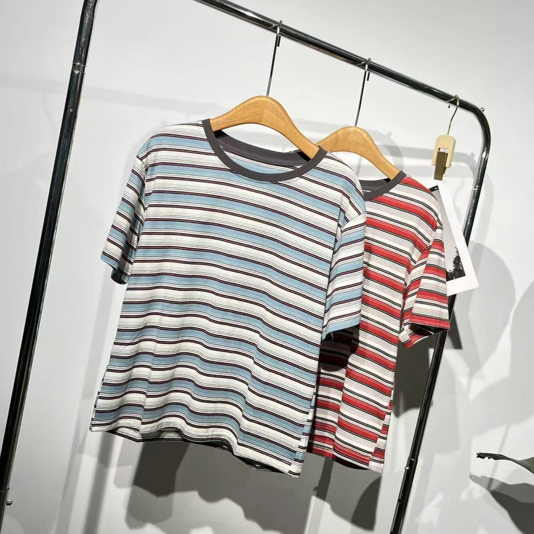 时尚拼色条纹短袖T恤ZBS33674衣长61