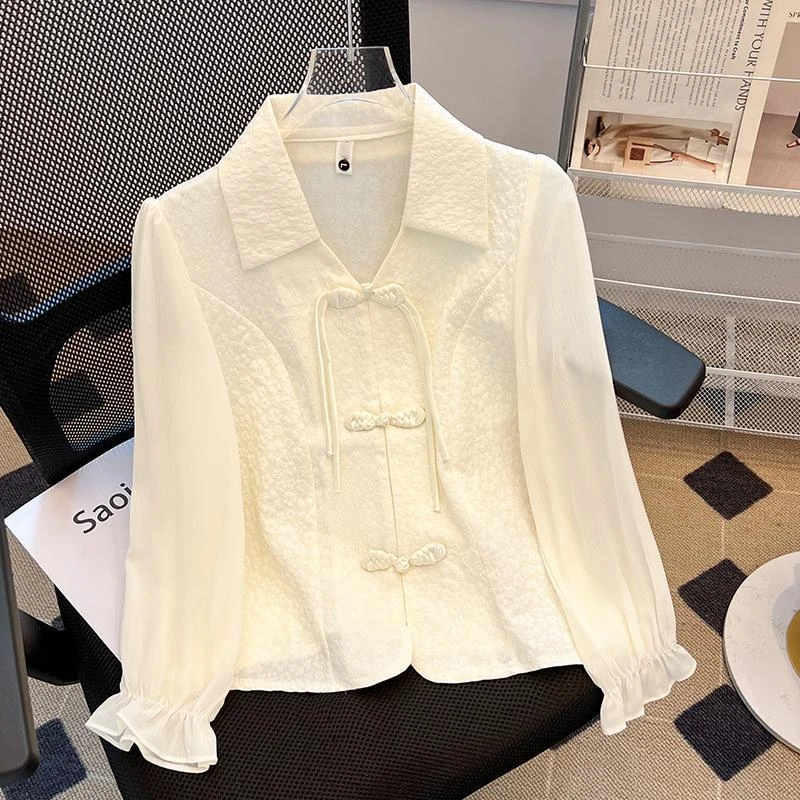 新中式长袖衬衫女杏色正肩上衣2025新款春季国风盘扣独特漂亮小衫