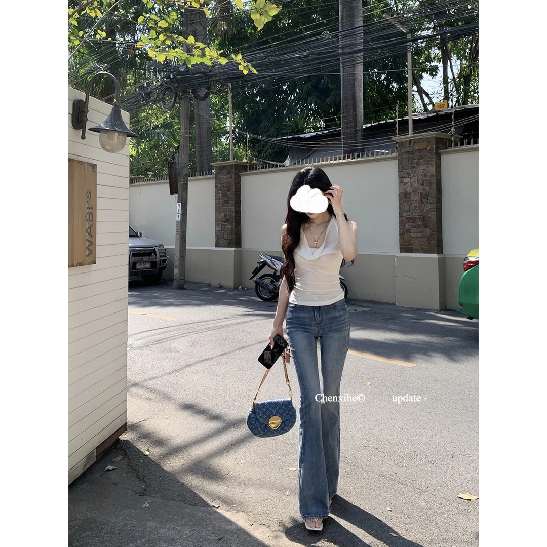 蓝色微喇牛仔裤女秋辣妹中高腰修身显瘦洗水做旧拖地长裤