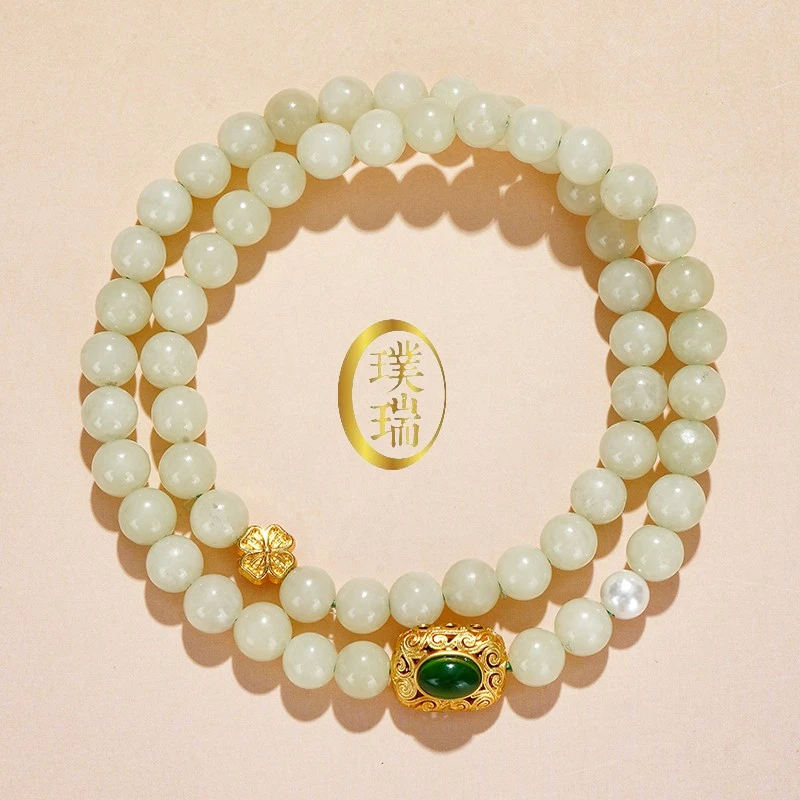 天然双圈和田玉顶珠玉髓手链 多样性发一 SL545