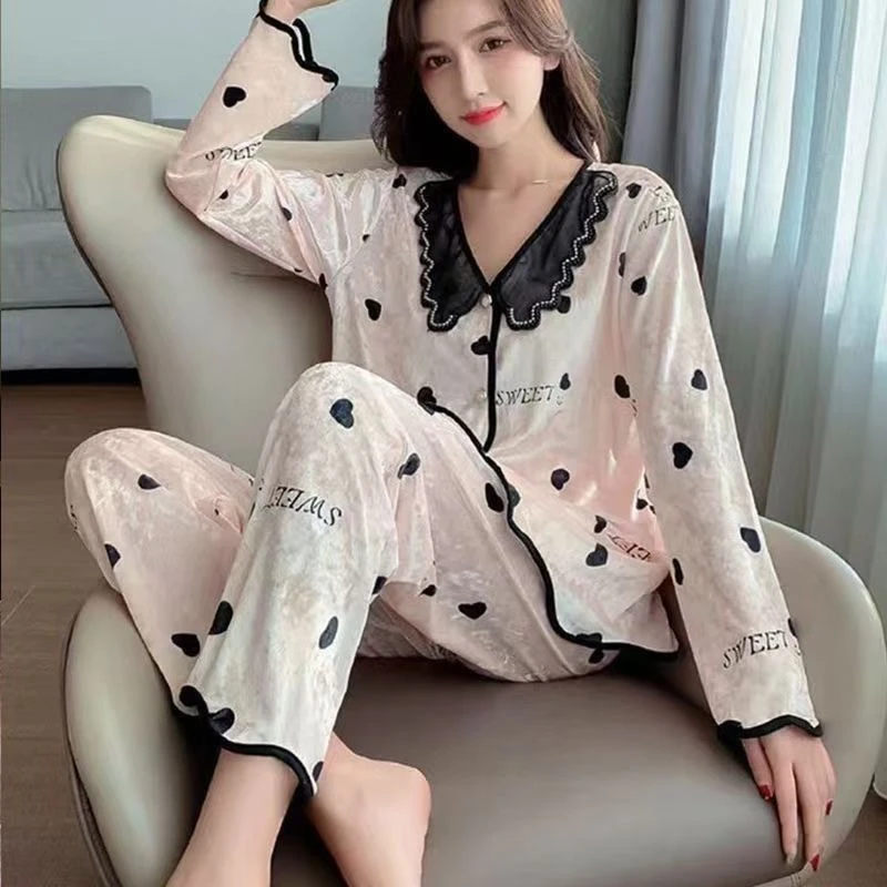 秋冬金丝绒小香风爱心甜美ins风睡衣蕾丝开衫宽松女士家居服套装L