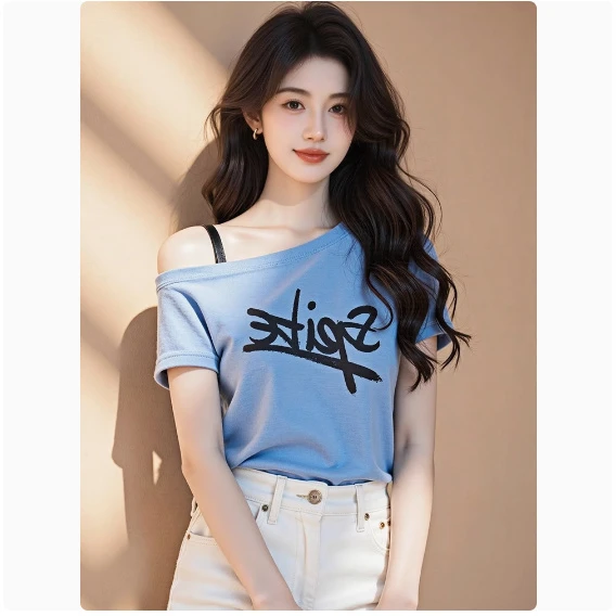 2025新款夏季爆款超火超好看独特漂亮吊带露肩上衣蓝色短袖T恤女