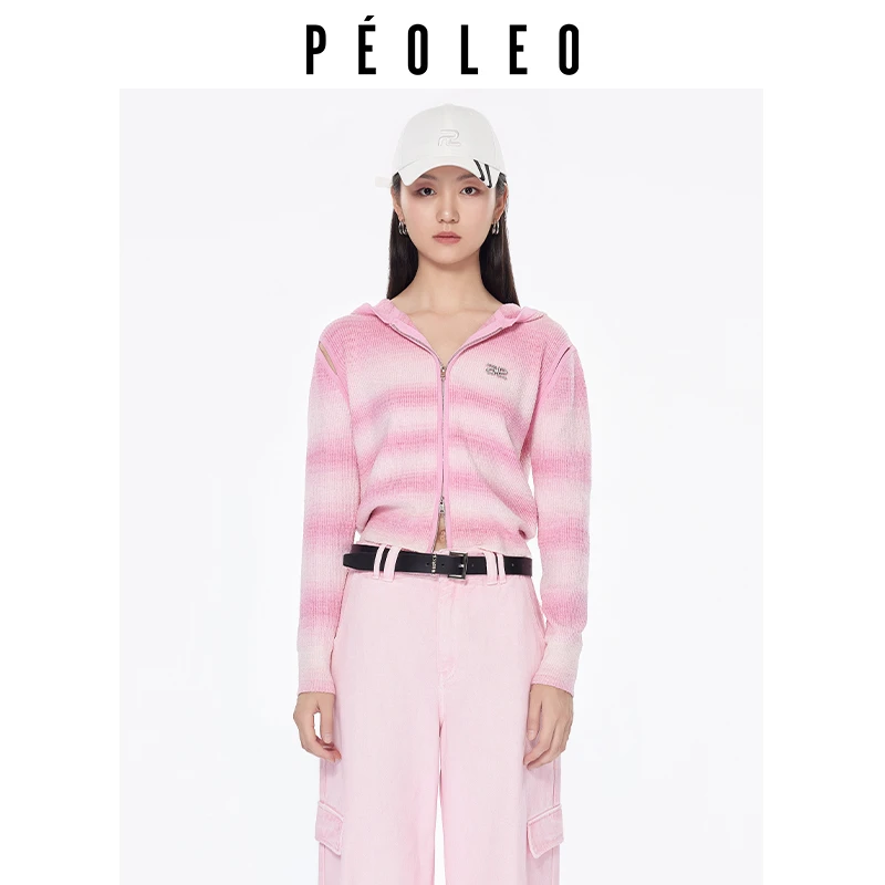 飘蕾春季新款身上条纹气质休闲撞色条纹连帽针织开衫PK2107107