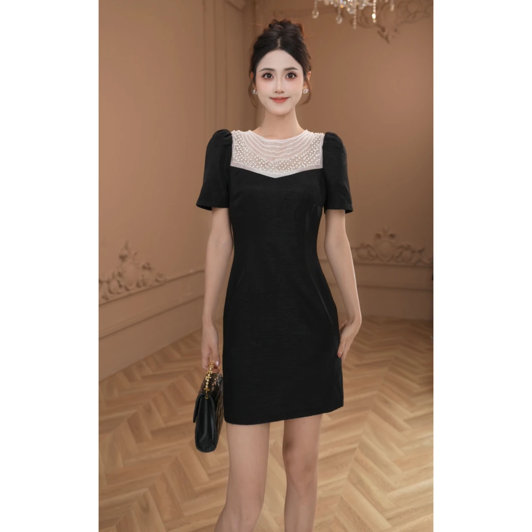 【设计师定制】新款法式高级气质收腰显瘦小黑裙修身连衣裙9034