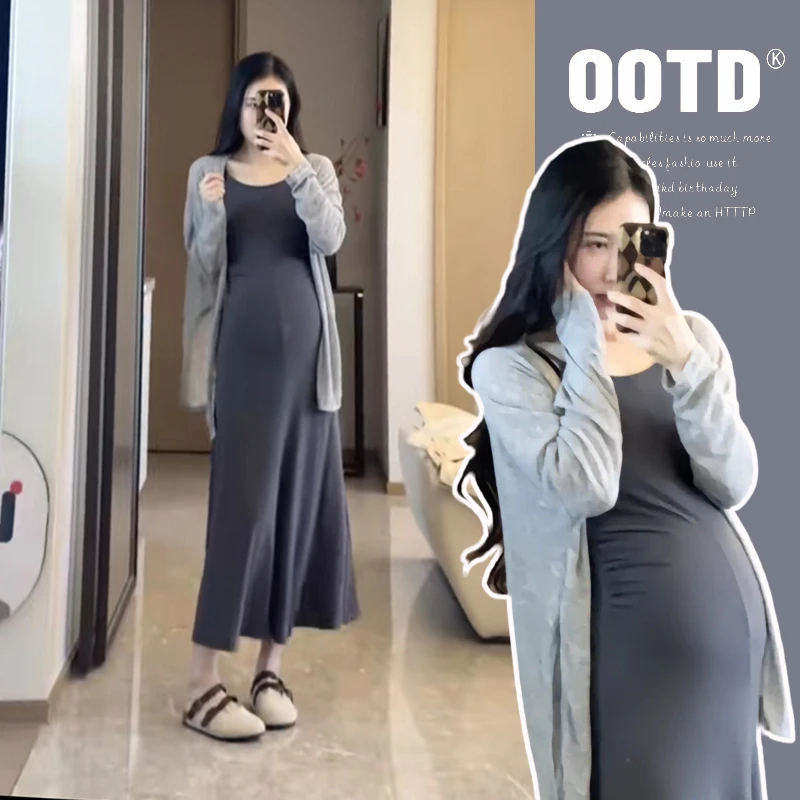 孕妇装春夏装长袖防晒开衫慵懒灰色连衣裙子宽松夏季时髦时尚孕装