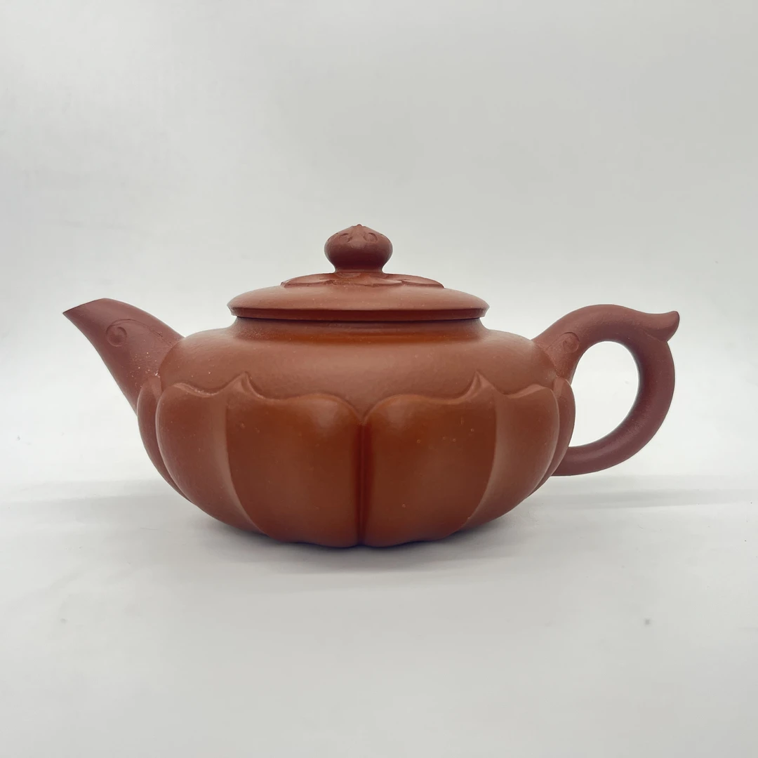 宜兴紫砂紫泥大菱花350cc纯手工精美筋纹器